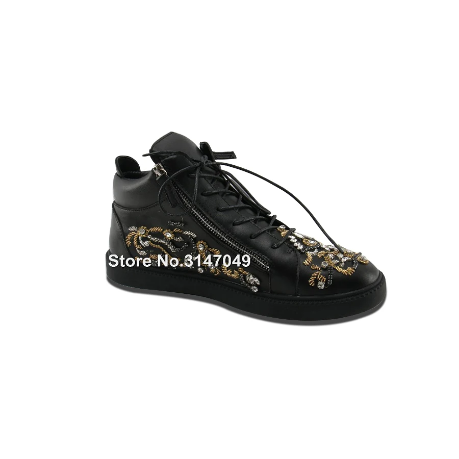 OKHOTCN Black Leather Side Zip Men Casual Shoes Designer Rhinestone Floral Men Sneakers Crystal Spiked Lace UP Chaussure Homme