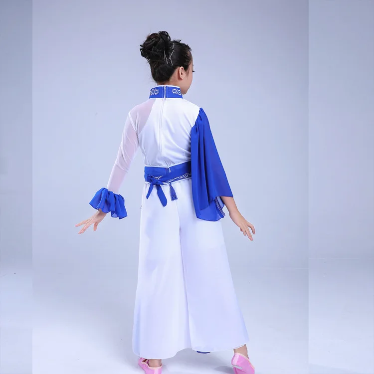 Trajes para crianças hanfu, roupa de dança, porcelana azul e branca, yangge, roupas nacionais, performance de palco