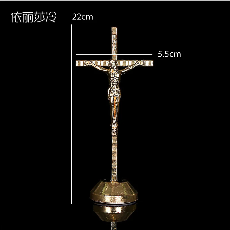 Fashion Golden Jesus Christian Catholic Cross Holy Cross Decoration Jesus Statue of Cross with Base Figurine Image.22x5.5CM