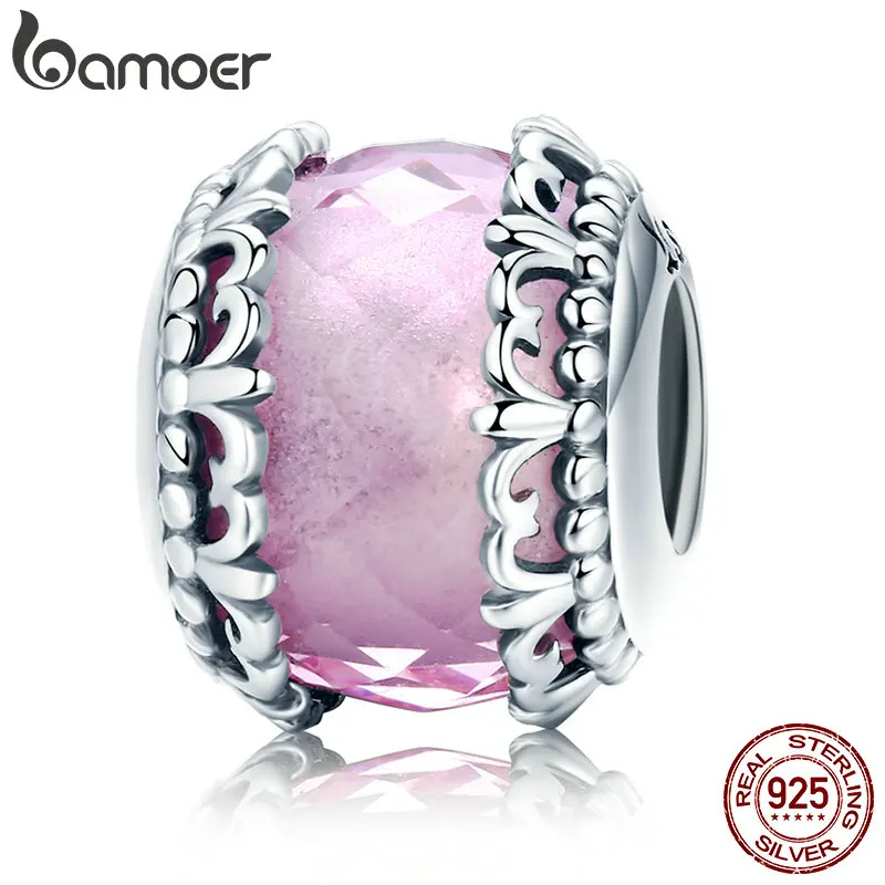 

BAMOER 100% 925 Sterling Silver Romantic Flower Pave Pink CZ Charm Beads fit Charm Bracelet & Bangles DIY Jewelry Making SCC711