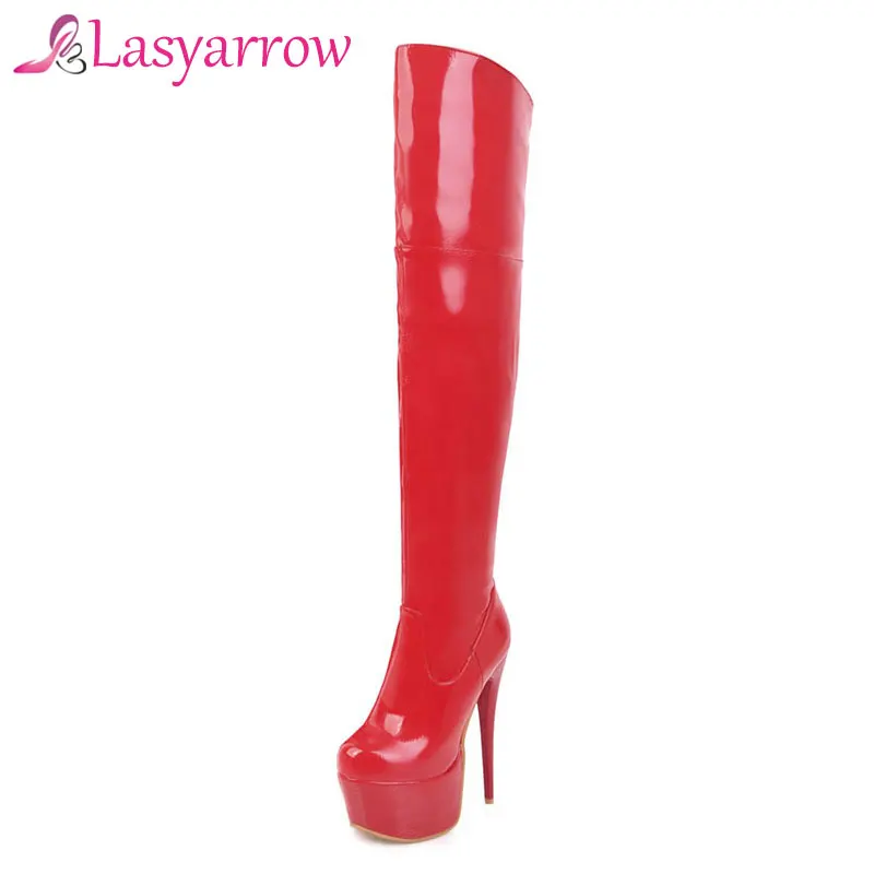 Lasyarrow Sexy Women\'s Boots Black Red Patent Leather Shoes Woman Women\'s Stiletto Boots Thin High Heels Botas Feminina RM124