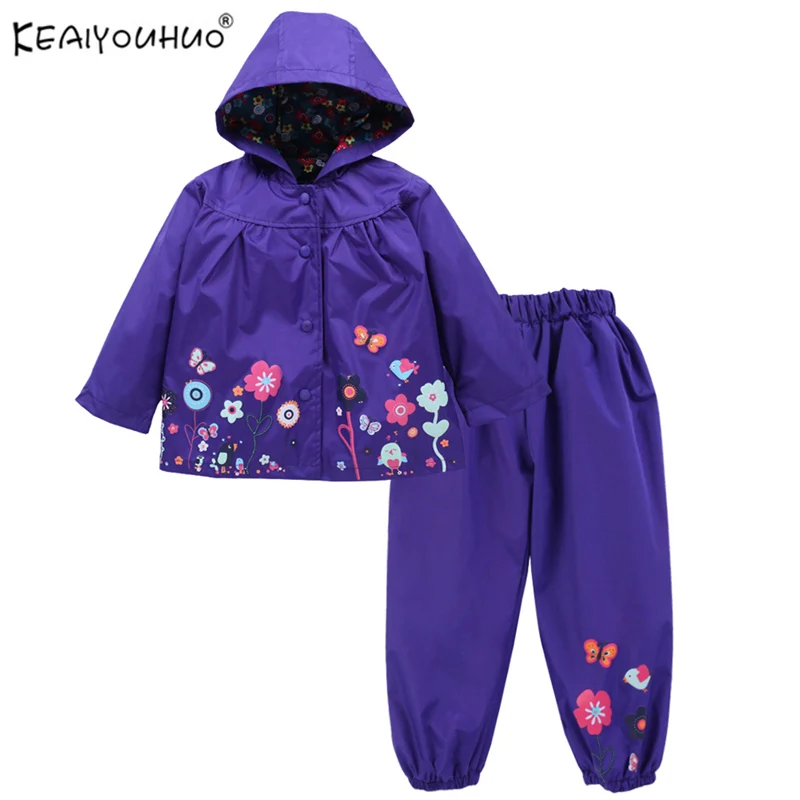 2024 Floral Girls Suit Jackets+Pants Costume For Kids Casual Sport Suits Hooded Raincoat For Girls Clothes Set Children Clothing