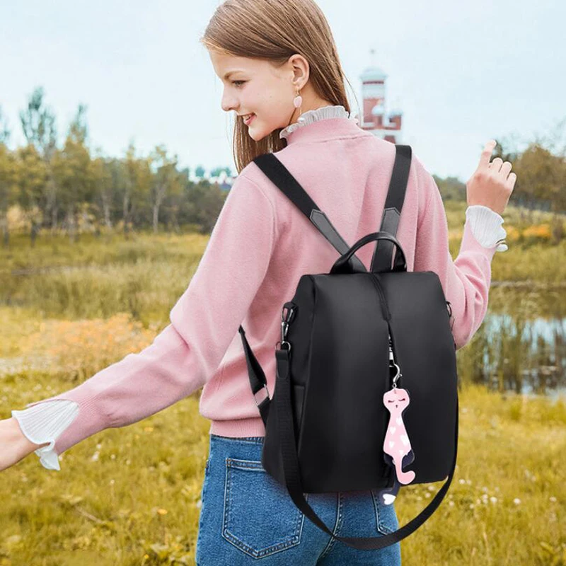 Yogodlns Frauen Rucksack Neue Mode Oxford Tasche Einfarbig Reise Rucksack Damen Kleinen Rucksack Mit Katze Anhänger – Detail 11