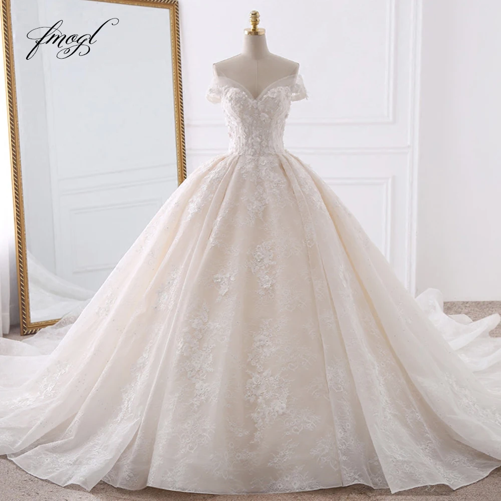 Fmogl Sexy Sweetheart Lace Ball Gown Wedding Dresses 2022 Applique Beaded Flowers Chapel Train Bride Gown Vestido De Noiva