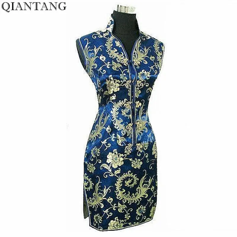 Elegant Navy Blue Ladies Satin Cheongsam Fashion Mini Qipao Novelty V-Neck Dress Flower S M L XL XXL XXXL Mujere Vestido JY012-5