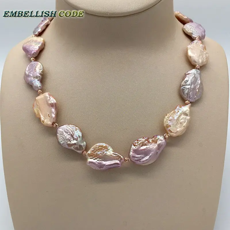 charm baroque pearls necklace peach purple Good gloss big size red golden beads for women flat oval shape natural cultured pearl