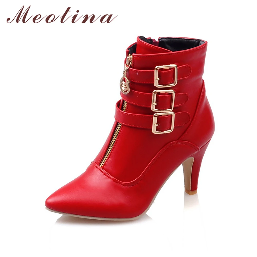 Meotina Shoes Women Boots Autumn High Heels Ankle Boots Pointed Toe Buckle Female Boots Zip Ladies Shoes White Big Size 44 45 11