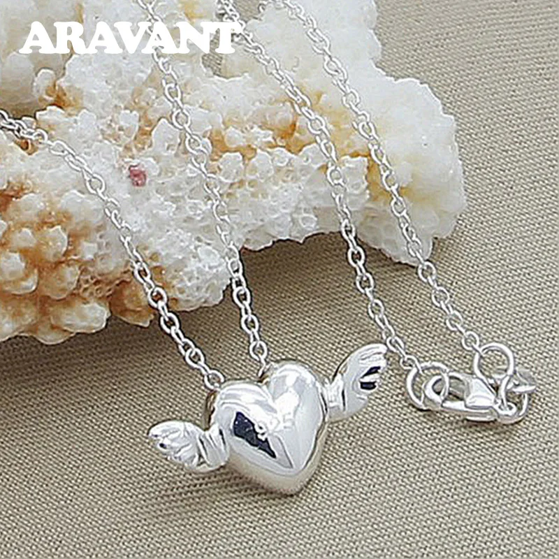 

New Fashion 925 Jewelry Heart Angel Wing Pendant Necklace For Women Silver Plated Necklaces Jewelry