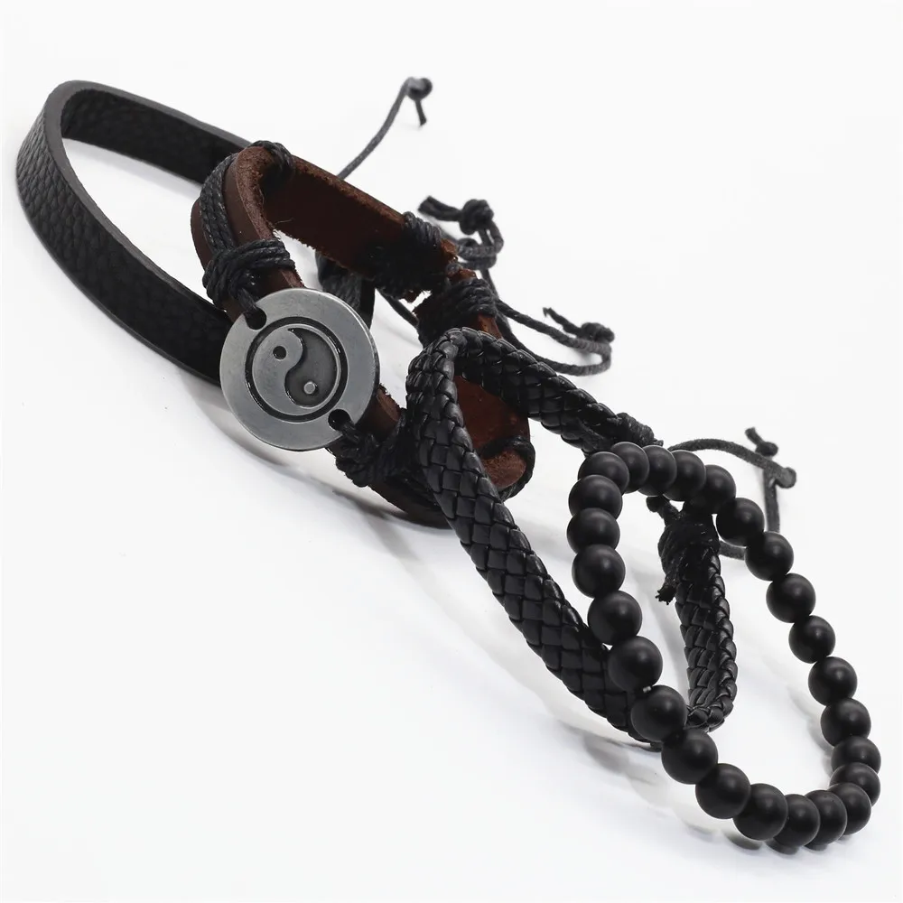 4 Pcs/set Wood Stone Beads Rivets Maple Feather Guitar Tai Chi Charm Leather Bracelets Men Women Homme Femme Male Jewelry