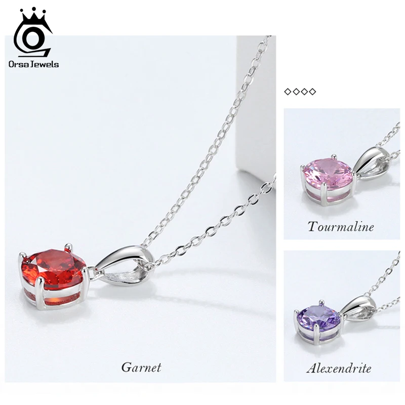 ORSA JEWELS Silver 925 Women Necklaces Lucky Birth Stone AAA CZ Round Pendants Necklace Chain Sterling Silver Jewelry OSN118-1