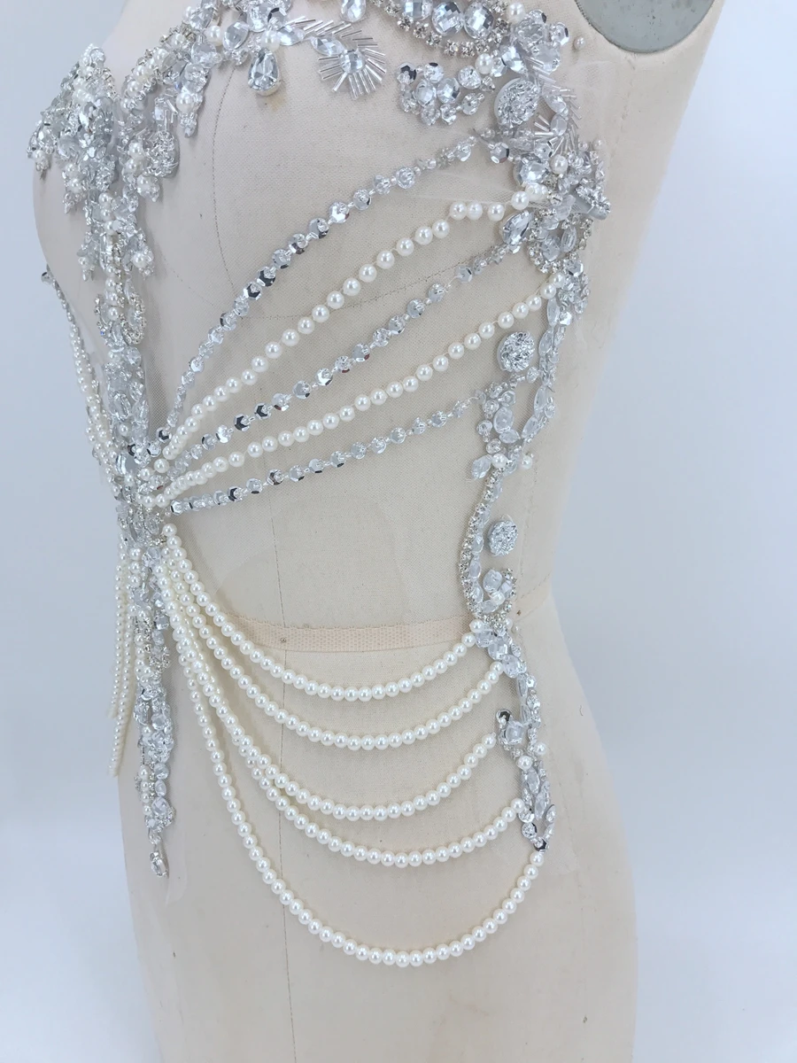 handmade sew on silver rhinestones applique on mesh peal crystals trim patches 45*38cm for wedding dress accessories