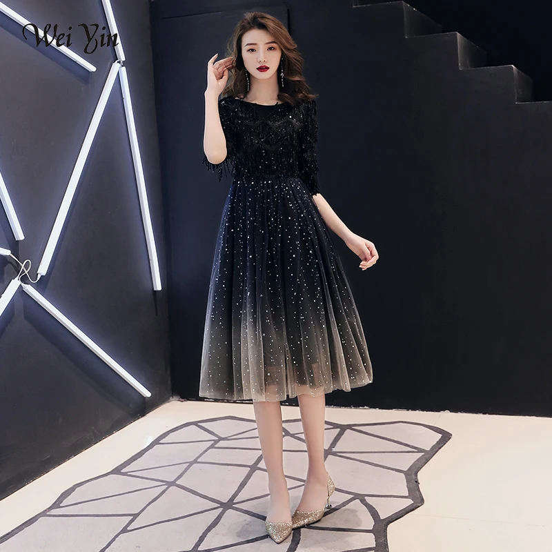 wei yin 2023 New The Banquet Black Tasse A-line Half Sleeve Tea-length Tulle Party Formal Evening Dresses Robe De Soiree WY1671