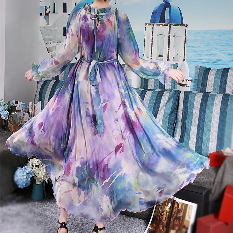 Bohemian Runway Maxi Dress Plus size Women\'s Long Sleeve Ruffle Vintage Floral Print Chiffon Party Holiday Long Maxi Dress Robe