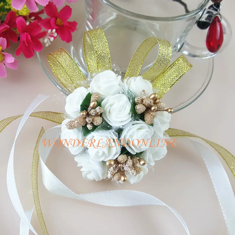 1pc 9Colors Bride Bridesmaids Ribbon Wrist Flower Hand Flower Wedding Supplies PE Form Ribbon Flower Tiffany Blue White