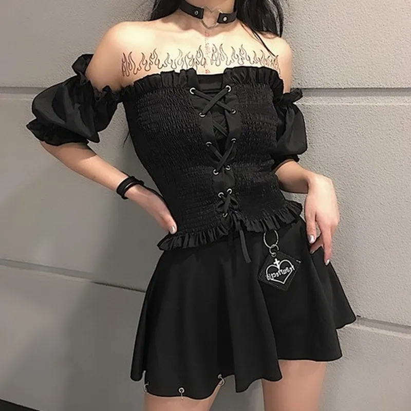 Sexy Ruffle White Blouses Women Harajuku Gothic Off Shoulder Girls Crop Tube Top Punk Lace Up Cross Short Sleeve Slim Fit Shirts