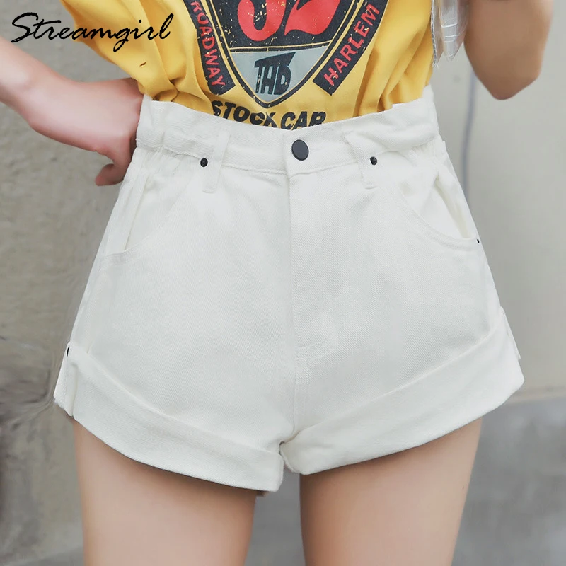 Streamgirl Denim Shorts Women\'s White Women Short Jeans Khaki Wide Leg Elastic Waist Vintage High Waist Shorts Women Summer