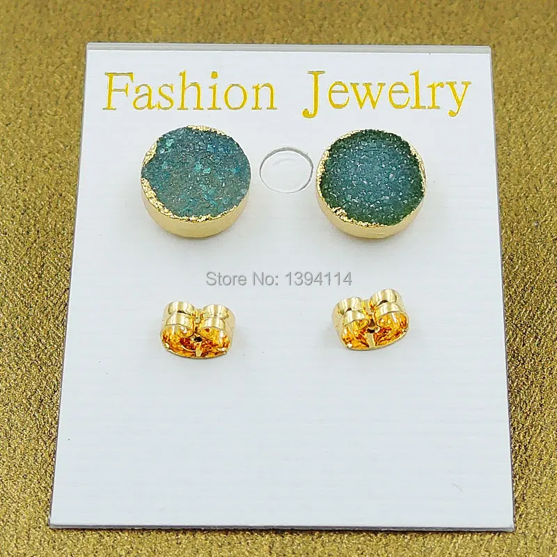 Green Agate Druzy Round Earrings 24k Gold Plated Approx 8mm 10mm