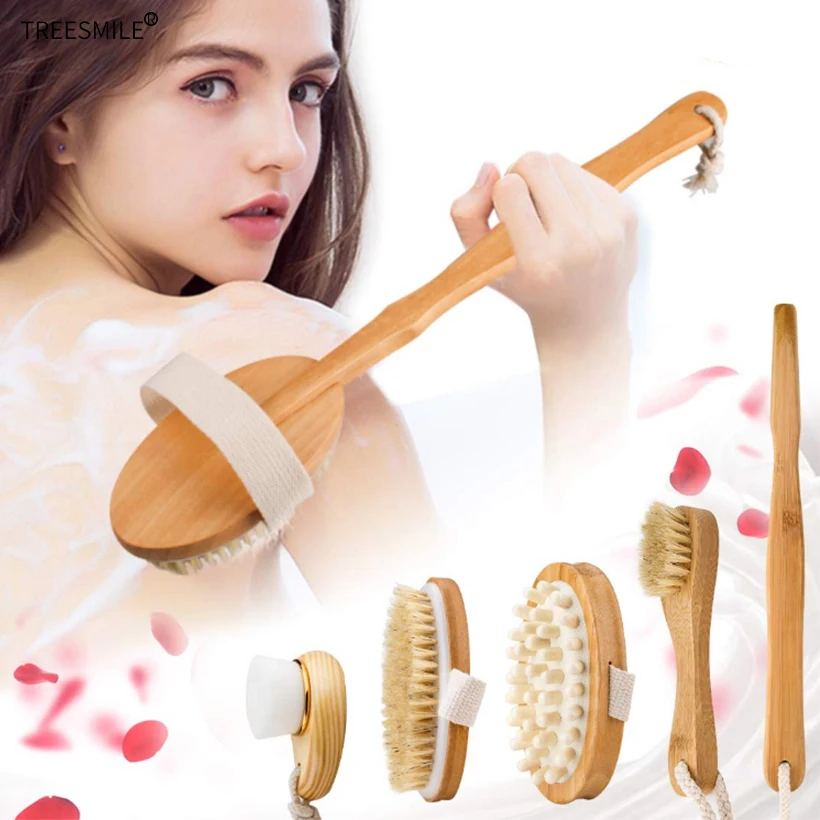 TREESMILE Natural Bristle Bath Brush Set Exfoliating Promote Blood Circulation Massage Brush Wooden Body Dry Brush D30