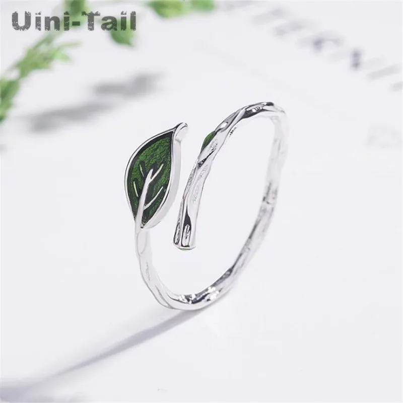 Uini-Tail hot new 925 Tibetan silver art small fresh branch green leaf ring Creative simple opening adjustable ring  JZ144