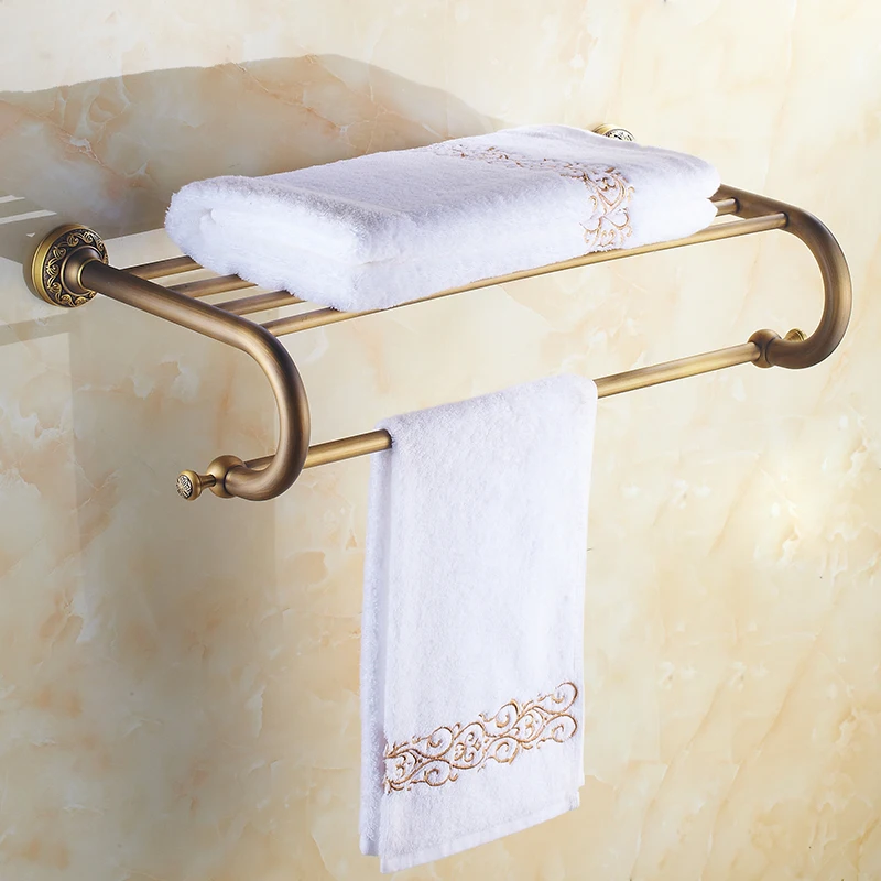 Bathroom Shelf Rack with Towel Bar,  Solid Brass Material, Antique Brass Color, 60cm Storage Organizer Shelves, Space Saving