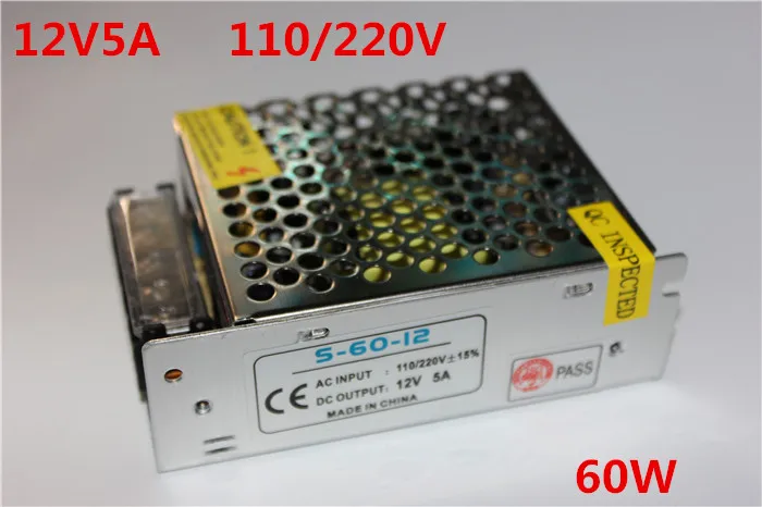 Mini 110v/220v ac 100% metal case type 12V5A Non-waterproof type led driver 60w switching power supply