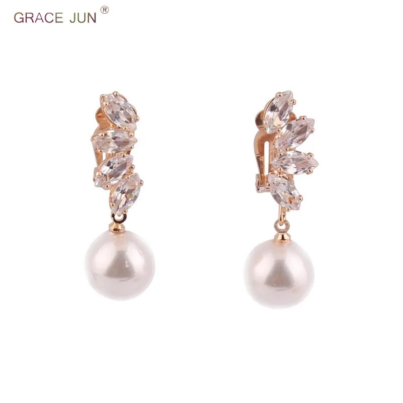 GRACE JUN Clip on Earrings No Pierced for Women Fashion Korea Style AAA CZ Pearl Earrings No Ear Hole Earrings Best Jewelry Gift