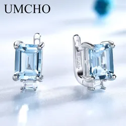 UMCHO Sky Blue Topaz Clip Earrings for Women Solid 925 Sterling Silver Princess Cut Trendy Silver 925 Jewelry Birthstone Gift