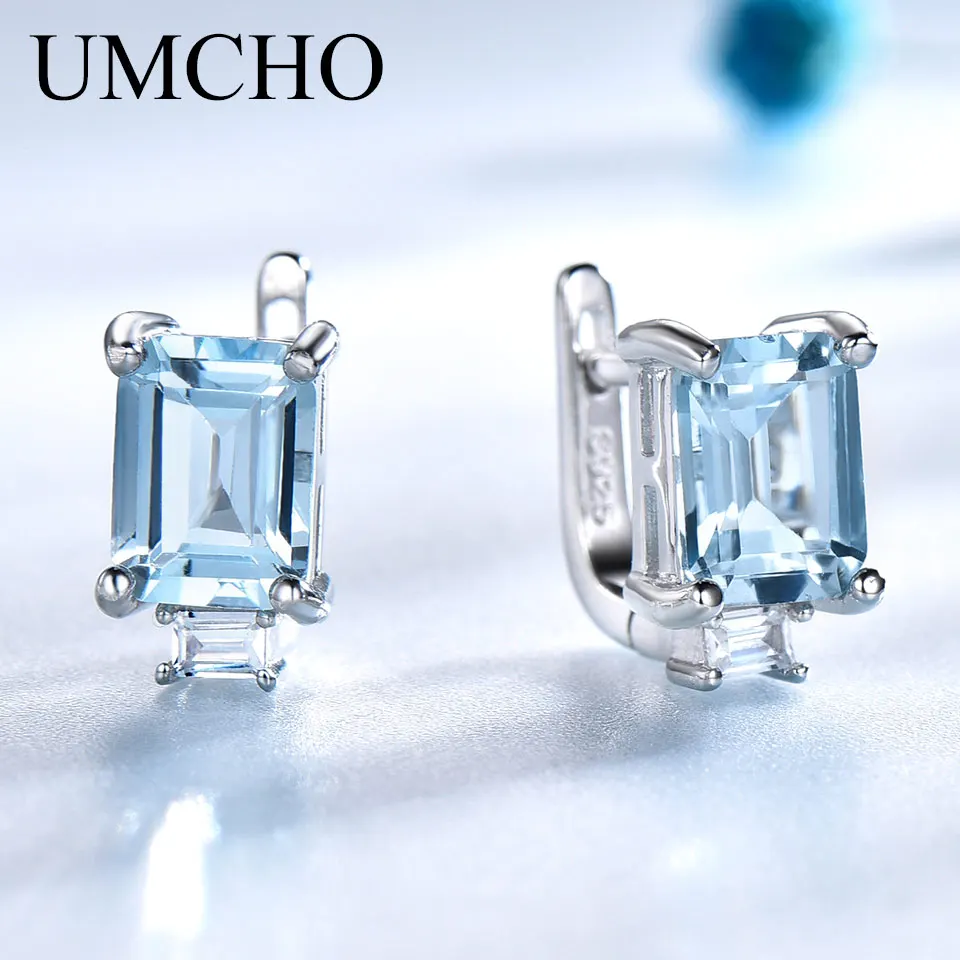 UMCHO Sky niebieski Topaz klipsy dla kobiet solidna 925 srebro księżniczka Cut Trendy srebro 925 biżuteria Birthstone prezent