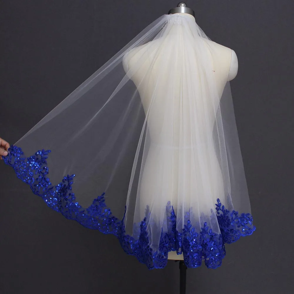 Customized Royal Blue Sequined Lace White Ivory Bridal Veil One Layer Short Shine Wedding Veil with Comb Velos de Novia