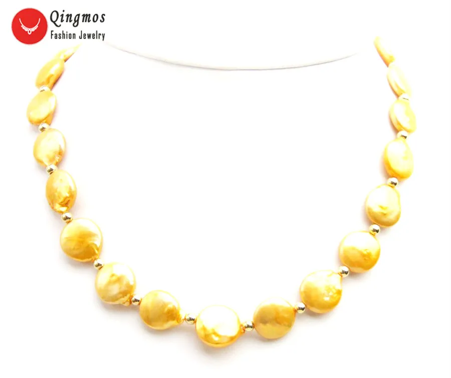 Qingmos Trendy Natural Pearl Necklace for Women with 12mm Coin Orange Pearl Chokers Necklace Jewelry 17