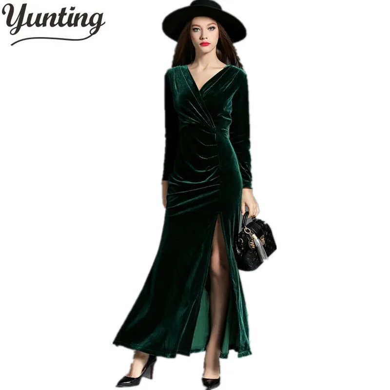 

Lady Sheath Velvet Maxi Dress Vestidos Robe Solid Long Sleeve Deep V neck Fold Pleat High Split Sexy Floor Party Dresses