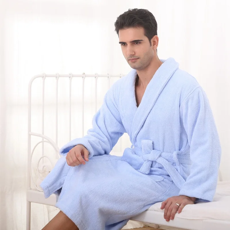 Winter Men Bathrobe Cotton Couples Pajamas Robe Lovers Sleepwear Towel Fleece Long Thincking Home Hotel Winter White Blue