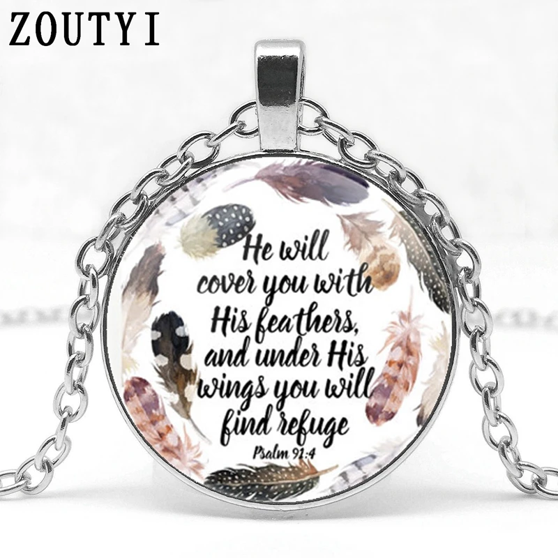 2018 He will cover you with his feathers and his wings. You will find the refuge Psalm 91 4 Glass Necklace Bible Scripture Gifts