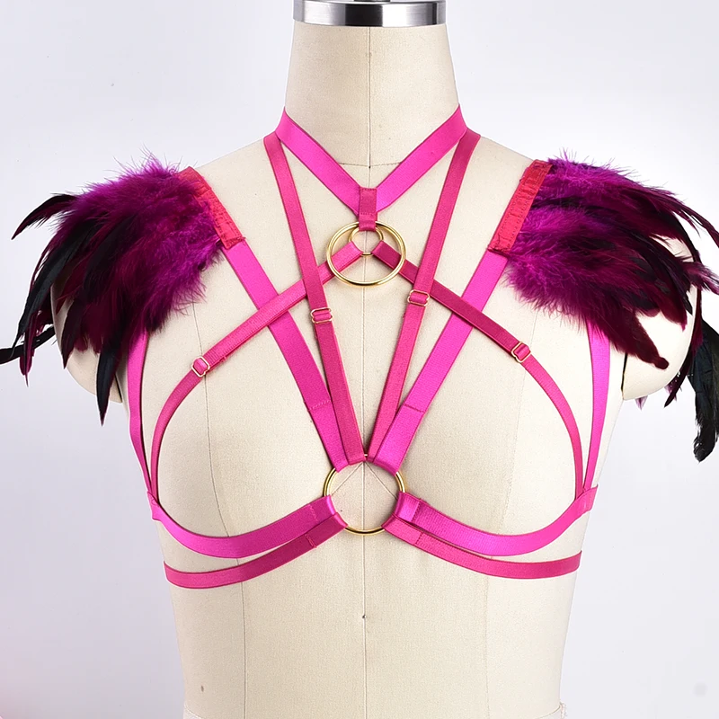 

Rose Red O-Ring Feather Wings Harness Epaulette Cage Tops 90s Girls Harness Belt Feather Lingerie Bondage Cage Bra Clothing