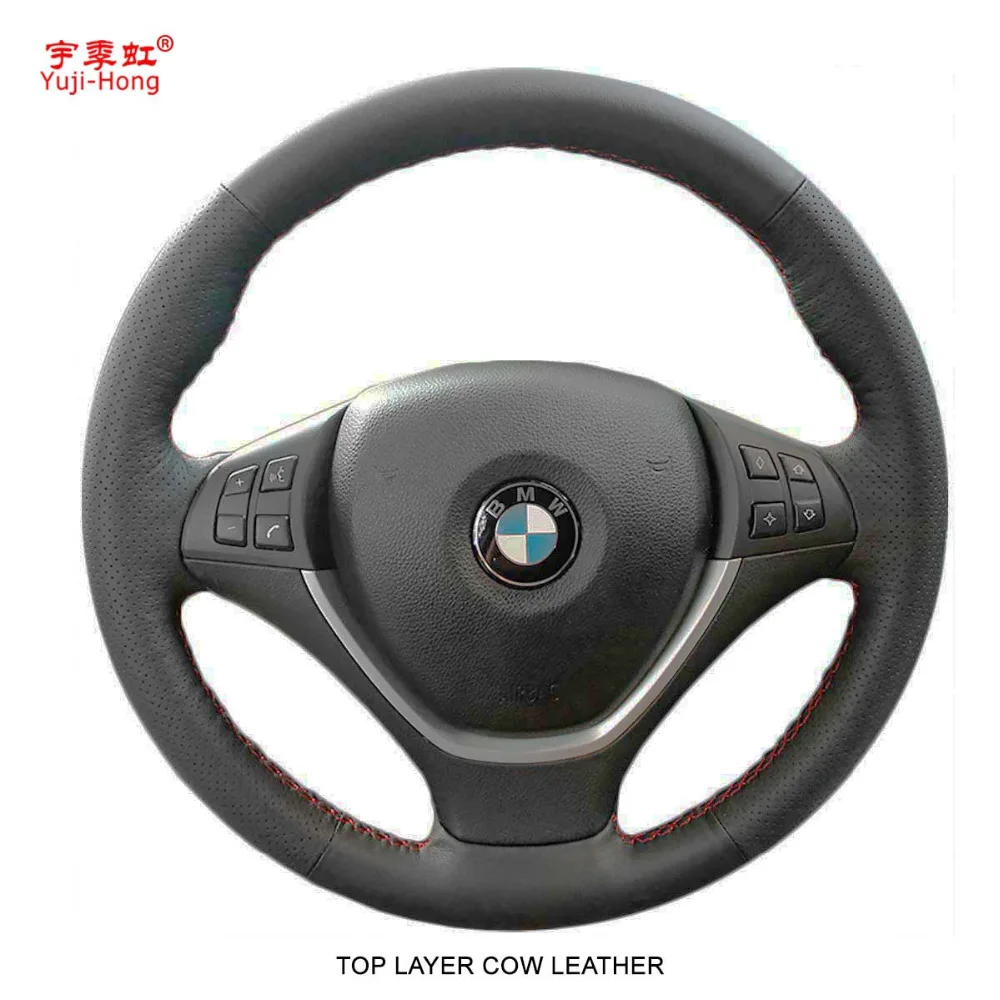 Yuji-Hong Top Layer Genuine Cow Leather Car Steering Wheel Covers Case for BMW X5 X6 E70 E71 2008-2013 Hand-stitched Cover