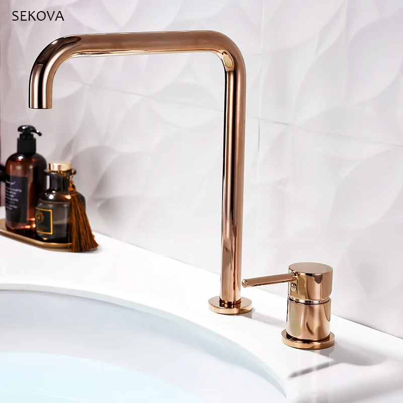 

Rose Gold Widespread Basin Faucet Bathroom Cold And Hot Water Mixer Sink Tap Deck Mounted 2-Pieces