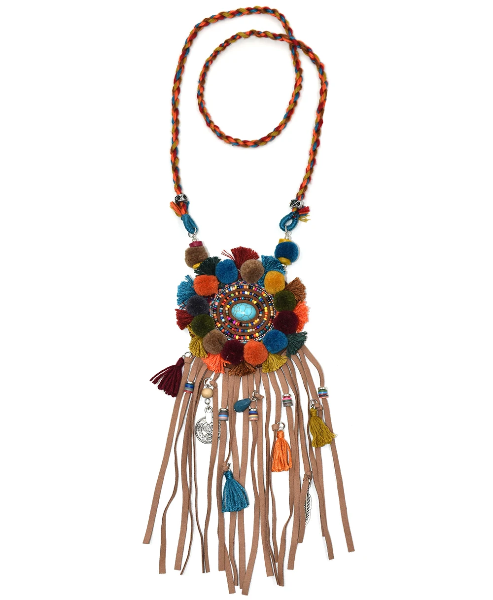 New Bohemian Handmade Leather Tassel Colorful Pompous Pendents Unique Boho Chic Long Necklaces