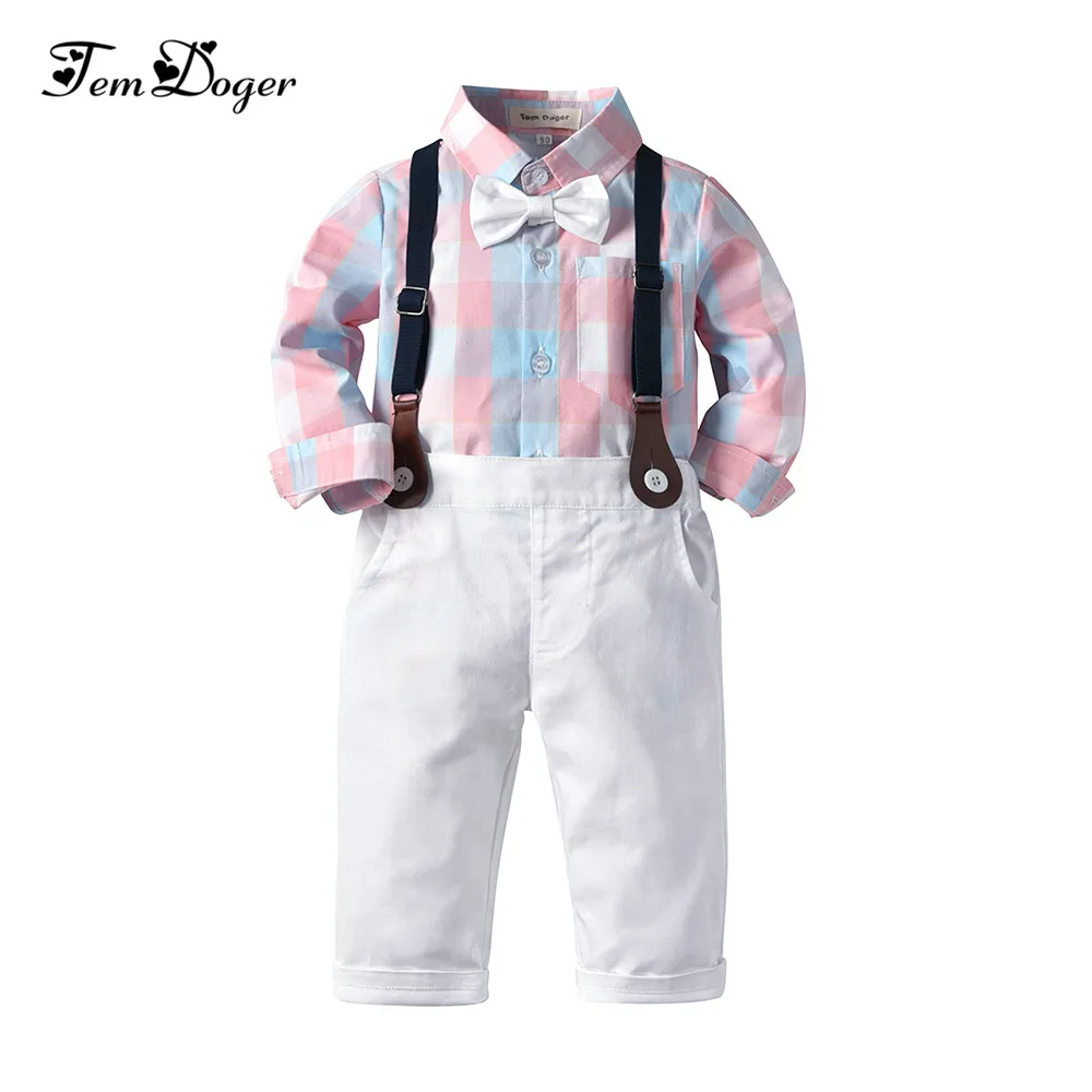 Tem Doger Baby Boy Clothing Sets Newborn Infant Baby Boy Clothes Suit Long Sleeve Tie Tops+Overalls 2PCS Outfits Bebes Plaid Set