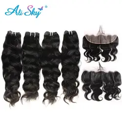 Alisky Hair Bundles with Frontal Natural Wave 4 bundles with Frontal 13x4 Pre plucked Weave Bundles Peruvian Remy Hair Extension