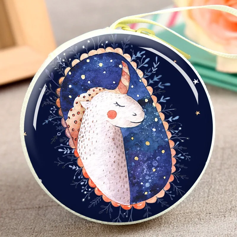 아이 소녀 선물을위한 유니콘 이어폰 가방 철 금속 키 편지지 카드 애니메이션 지퍼가 달린 라운드 스토리지 하드 가방 헤드셋 상자 SD TF