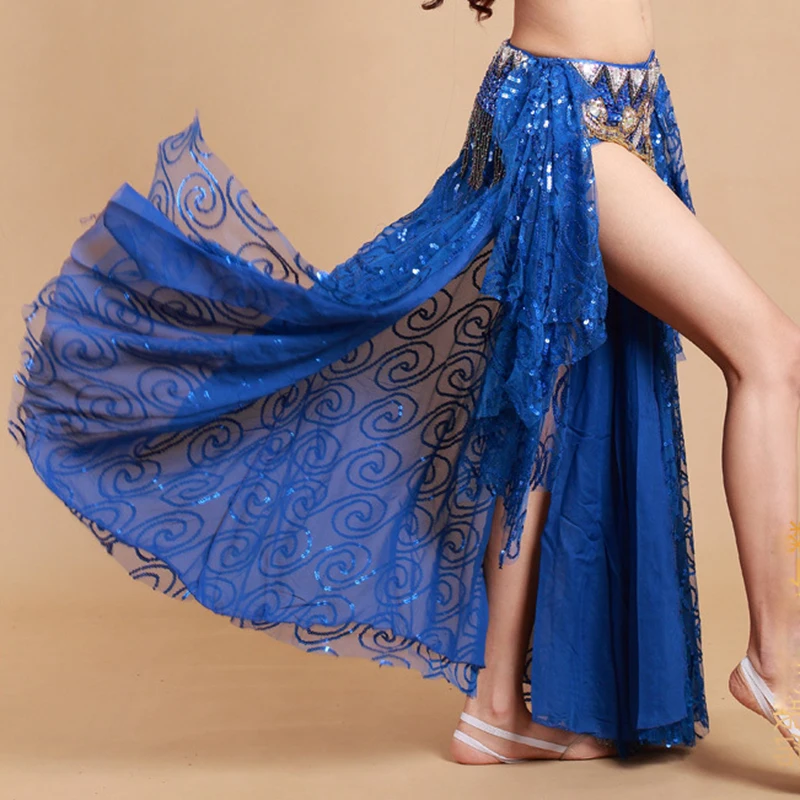 Women Belly Dance Clothes Full Circle Maxi Skirt Side Split Long Skirt Girls Belly Dance Skirts Sequins (without belt)