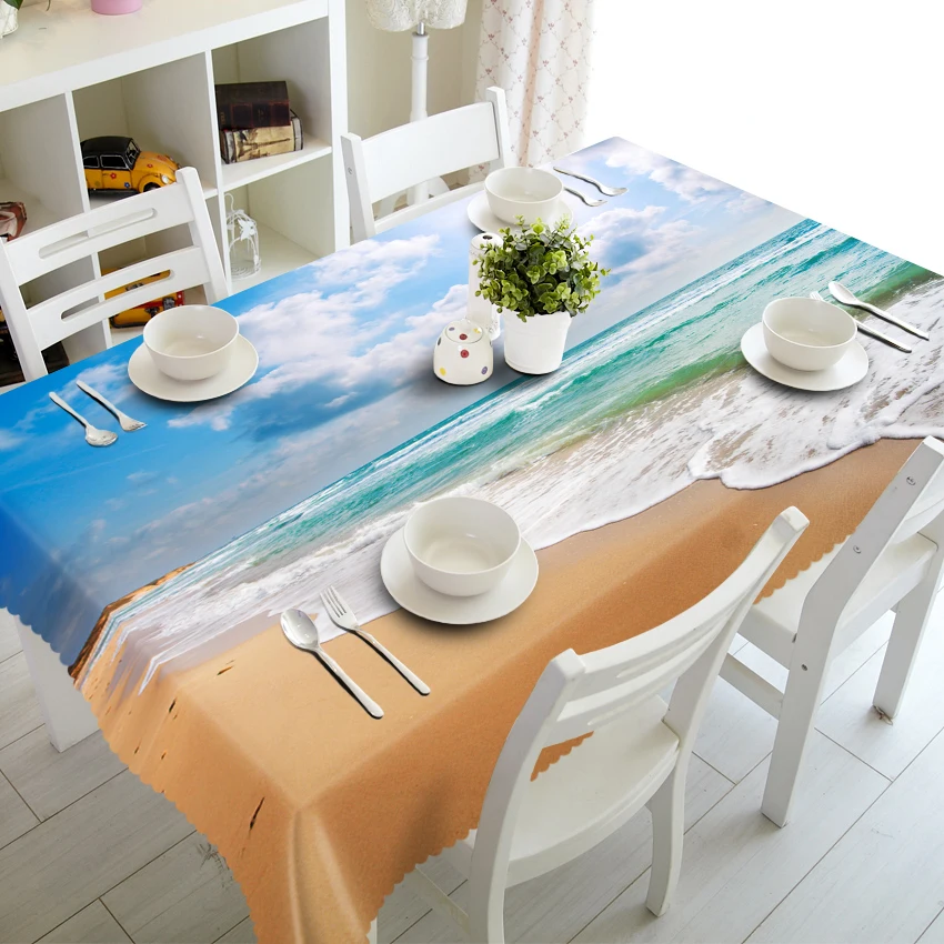 Waterproof Rectangular and Round 3D Tablecloth, Wedding Table Cloth, Merry Christmas, Sea Beach, Blue Sky Pattern, Thicken Cloth