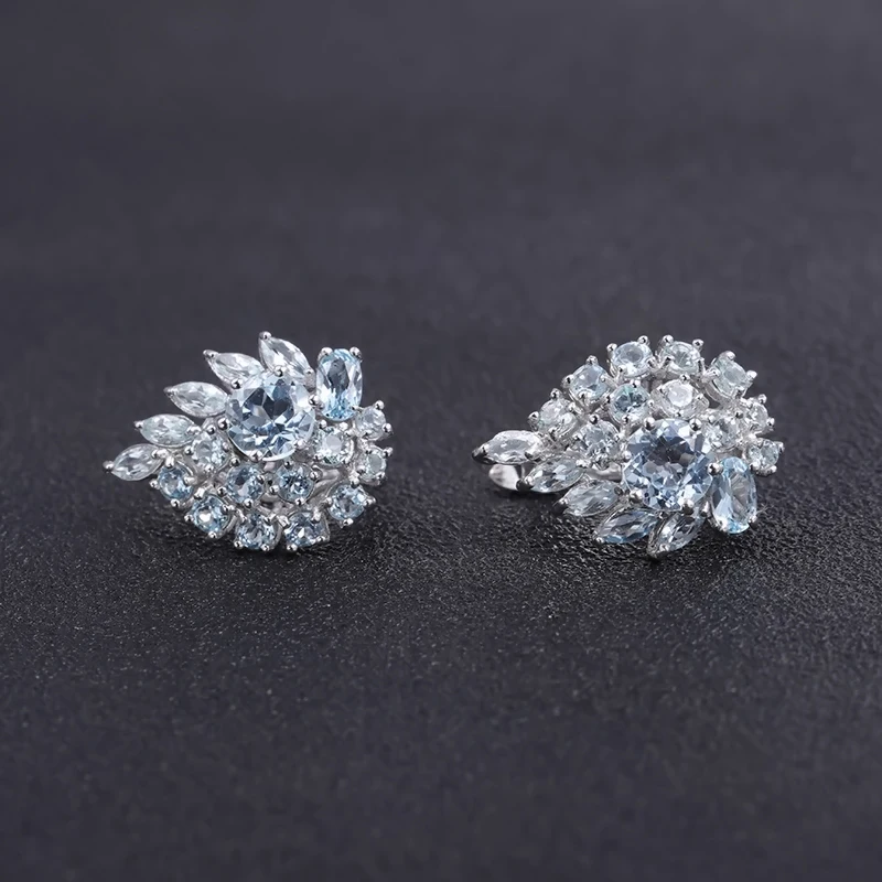 Gem\'s Ballet 6.33Ct Natural Sky Blue Topaz Gemstone Flower Stud Earrings 925 Sterling Silver Fine Jewelry For Women