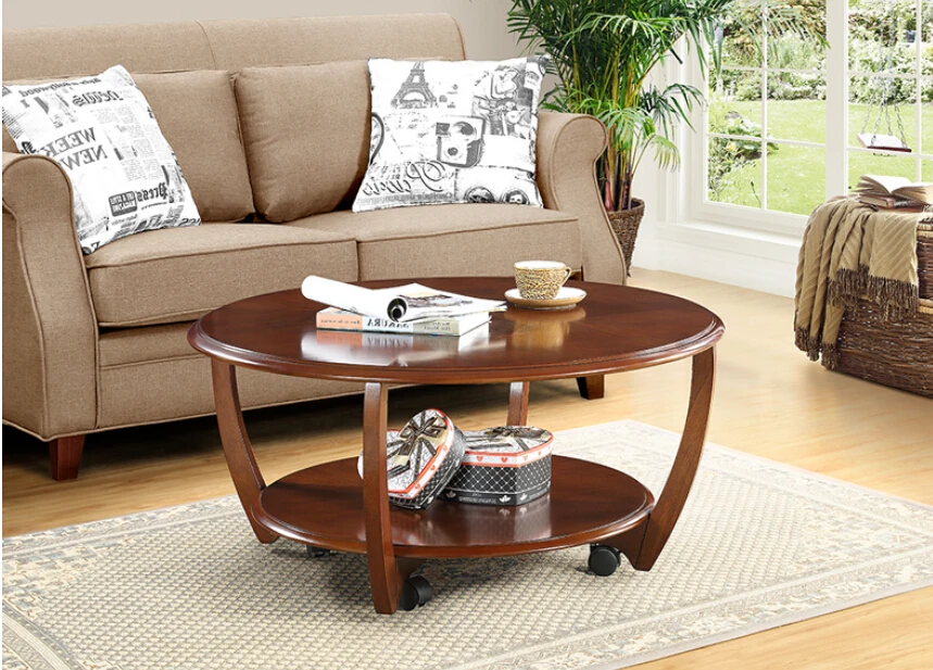 American round tea table. Contracted solid wood round tea table. Small family creative living room move round tea table