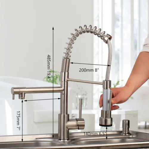 YANKSMART LED Light Brushed Nickel Dual Spout Kitchen Faucet 1 Handle Spring Pull Down Water Taps Kitchen Handheld Sprayer Tap