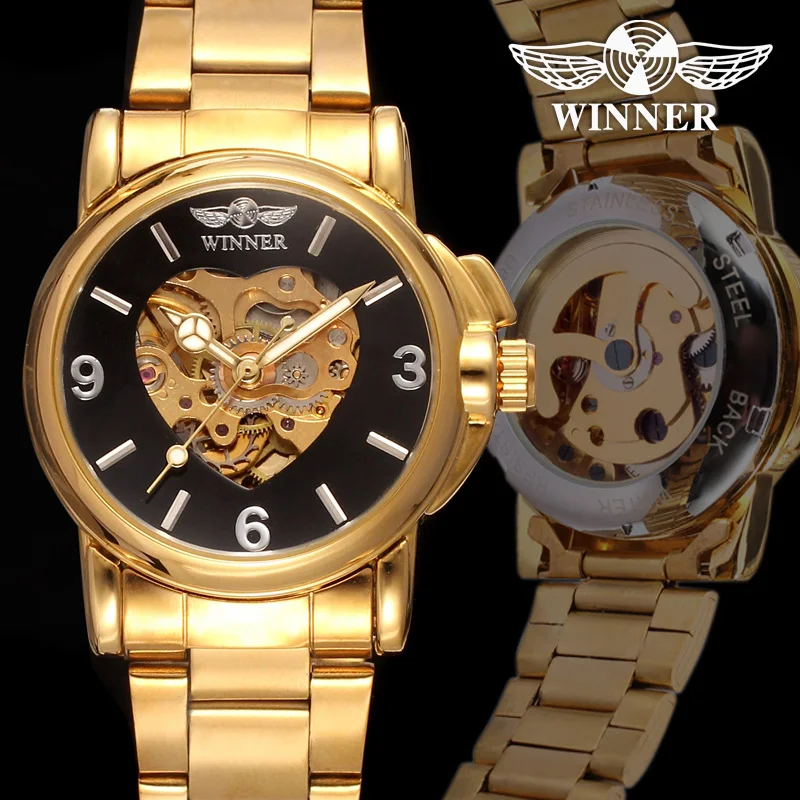 T-WINNER New Women Luxury Top Brand Automatic Mechanical Watch Golden Skeleton Love Stainless Steel Fashion Ladies Wrist Watch