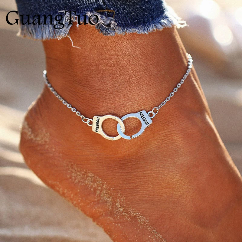 L018 Hot Sale Vintage Silver Color Handcuffs Anklets for Women Bohemian Freedom Ankle Bracelet on the Leg Barefoot Party Jewelry