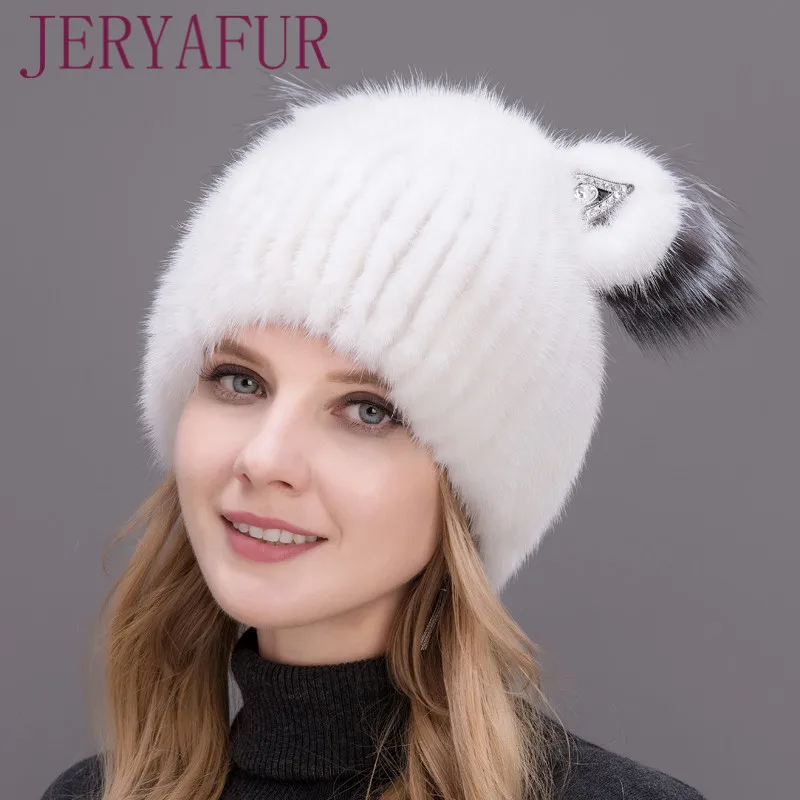 JERYAFUR Winter Women\'s Mink Hat Vertical Weaving Hat Genuine Natural Fox Mink Fur Cap Lovely Cat Ears Style Hats