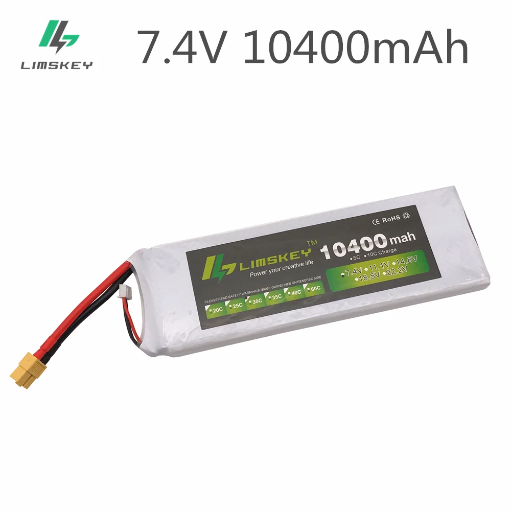 Limskey High capacity 7.4V 10400mAh Lipo Battery 30C 2S Battery 2S LiPo 7.4 V 10400 mAh 2S 1P Lipo For RC Boat Car VS 10000