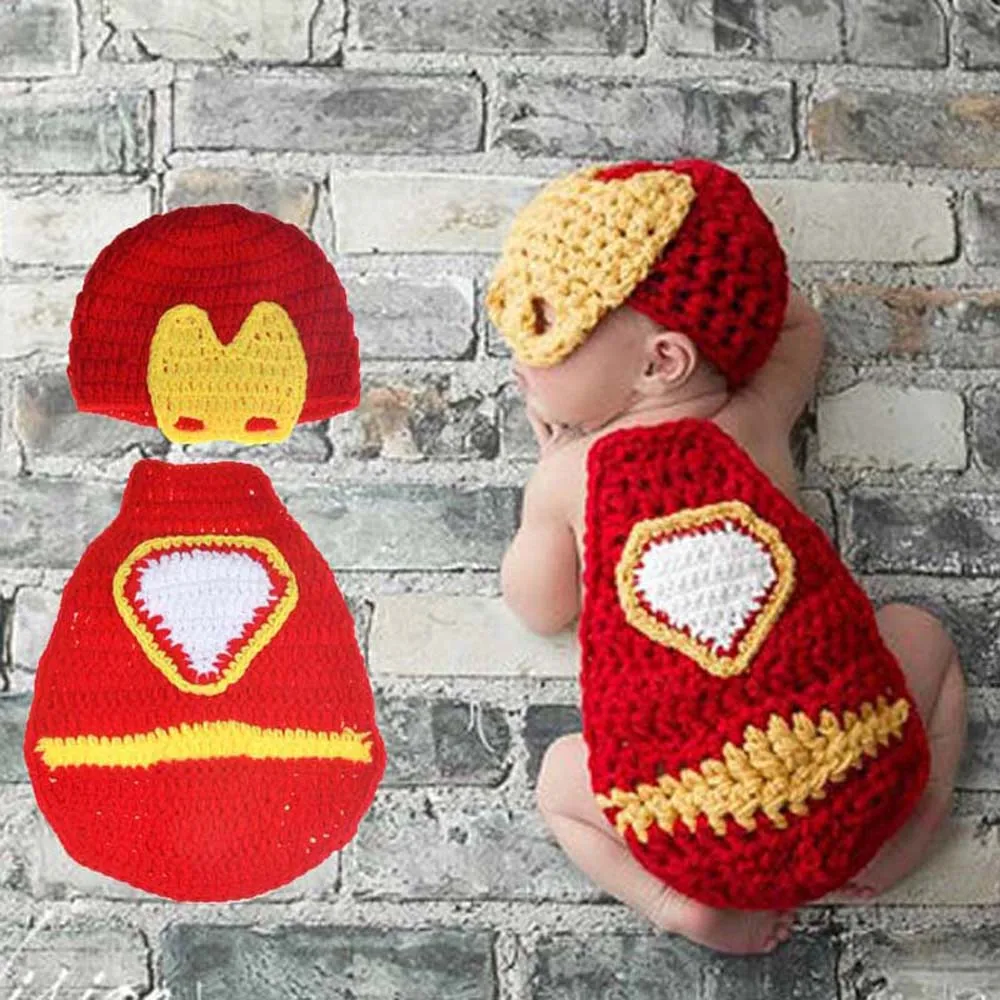 Latest Crochet Newborn Iron man Photography Props Baby Boy Iron Man Cape and Hat Knitted Cartoon Costume Set H227